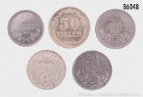 Konv. Ungarn, 10 Filler 1918, PP, 20 Filler 1920, 20 Filler 1921, PP, 50 Filler 1939, PP und Österreich-Ungarn 20 Heller 1892