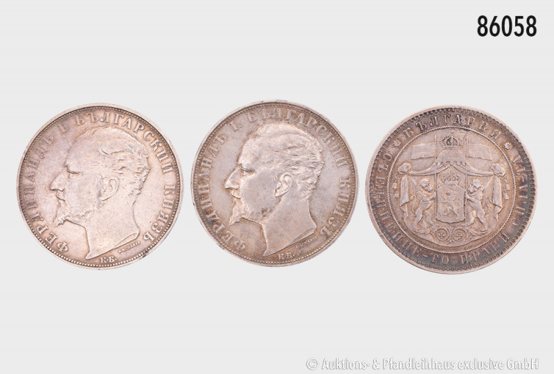 Bulgarien, 5 Lewa 1885 und 1894 (2 x), Patina, teilweise kleine Fehler, sehr sch...