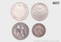 Russland, Konv. Rubel 1877 und 1892, 50 Kopeken 1894 und Rubel 1924, gemischter Zustand, teilweise kleine Fehler (Randfehler und Kratzer), Patina, fas...