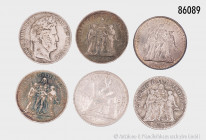 Frankreich, Konv. 6 Silbermünzen, dabei Hercules-Gruppe, gemischter Zustand, mit kleinen Fehlern, bitte besichtigen, Gesamtgewicht ca. 150 g