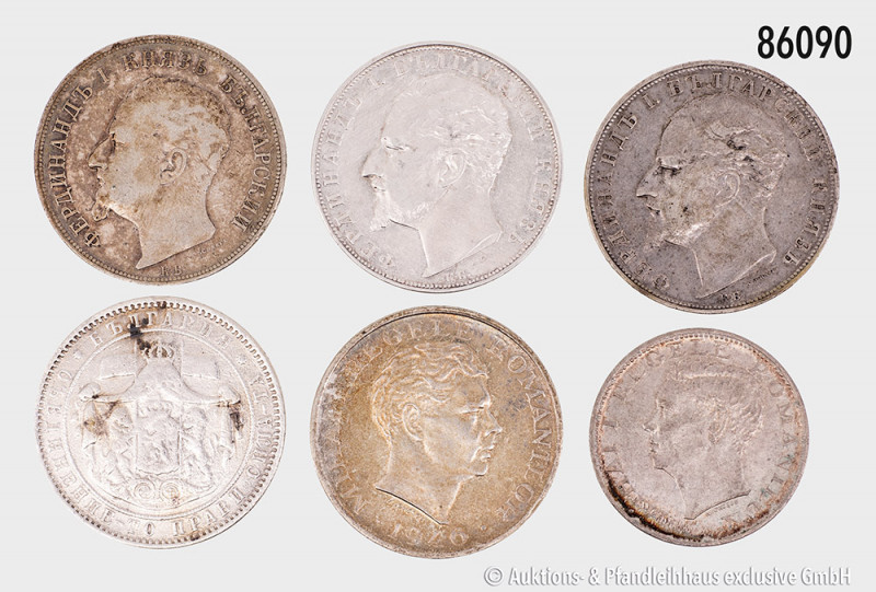 Konv. Bulgarien 5 Lewa 1885, 1892, 1894 (2 x) und Rumänien 500 Lei 1944 und 1000...