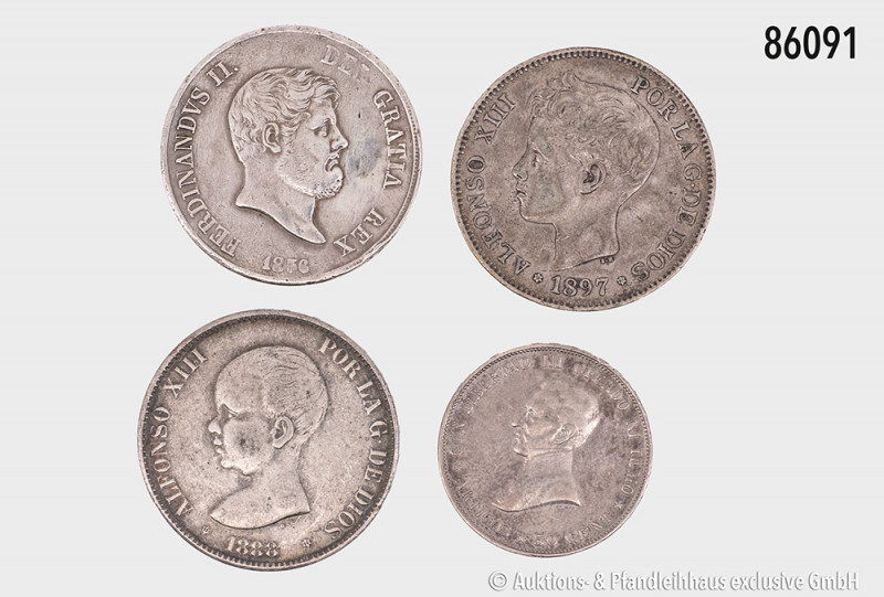 Konv. Spanien, 5 Pesetas 1888 und 1897, Neapel 120 Grana 1836 und Uruguay, 50 Ce...