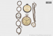 Konv. 4 Uhren, dabei silberne Taschenuhr, 800er Silber, ca. 1930er Jahre, Schweiz, Zentra Taschenuhr, in OVP, DAU, Dugena, 800er Silber, interessantes...