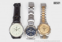 Konv. 3 Armbanduhren, Seiko Chronograph, Lorus Chronograph und Rallye Motorsport Chronograph (diese in sehr gutem Zustand), gemischter Zustand, auf Fu...