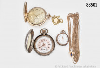 Konv. 3 Taschenuhren, Damentaschenuhr mit dazugehöriger Halskette aus Golddublee, ca. 1920er Jahre, in original Etui, Herrentaschenuhr, Deckel 800er S...