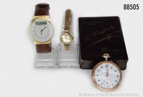 Konv. Junghans Mega Armbanduhr, vergoldet, DAU, Gehäuse 585er Gold (Armband kein Gold) und alte Taschenuhr, ca. 1920er Jahre, in OVP, gemischter Zusta...