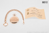 Goldene Taschenuhr, Marke „Union Glocke“, Dürrstein, 3 Deckel 585 Gold, 106 g, D ca. 52 mm, mit nicht dazugehörigem Zertifikat, dazu passende Uhrenket...