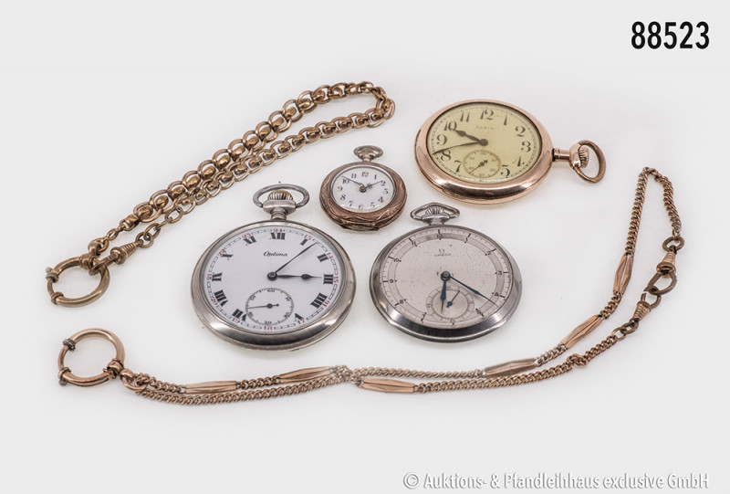 Konv. 4 Taschenuhren, dabei 1 Damentaschenuhr, 1 Omega Taschenuhr, vergoldete El...