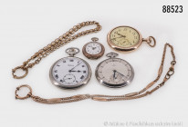 Konv. 4 Taschenuhren, dabei 1 Damentaschenuhr, 1 Omega Taschenuhr, vergoldete Elgin, monogrammiert, dazu 2 Uhrenketten, Jugendstil, gemischter Zustand...
