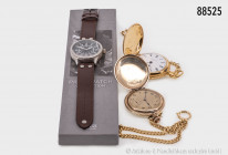 Konv. 2 Taschenuhren, Elgin, USA, vergoldet, beide mit Uhrenkette, D bis ca. 54 mm, dazu Pilot Pocket Watch Collection HAU, in OVP, gemischter Zustand...