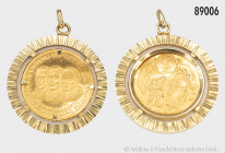 Medaille, 999,9er Gold, auf die Mondlandung 1969, gefasst in 585er Gelbgold als Anhänger, D ca. 28 mm, Gesamtgewicht 6,9 g,