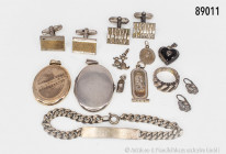Konv. Silberschmuck, 5 Anhänger, 1 Armband, 1 Ring, 1 Paar Ohrringe, 2 Paar Manschettenknöpfe, 835er Silber und 2 Medaillons mit Bildchen, Gesamtgewic...