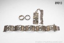 Konv. Kette, L ca. 54 cm, mit Anhänger und dazu passendes Armband, L ca. 20 cm, 835er Silber, außergewöhnliches Design, sowie 2 Ringe, Gesamtgewicht c...
