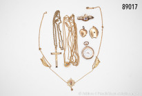 Konv. Damen-Taschenuhr mit dazugehöriger Kette, L ca. 37 cm, ca. 1920er Jahre, das Glas an der Uhr fehlt, auf Funktion nicht geprüft, dazu Kette, Dubl...