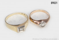 Konv. 2 Ringe, 585er Gelbgold, jeweils mit einem kleinen Brillanten, davon einer beschädigt, beide ca. 0,1 Karat, Ringgrößen 51 und 57, Gesamtgewicht ...