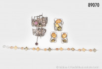 Konv. Silberschmuck, 925er Silber, bestehend aus Armband, L ca. 18 cm, Ring, Größe 58 und 1 Paar Ohrstecker, jeweils mit Bernstein-Cabochon, sowie ein...
