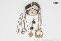 Konv. Goldschmuck (Kette mit Anhänger, der Stein leicht beschädigt, 1 Paar Ohrringe, Gehänge beschädigt, Anhänger mit Zwillingsmotiv, Kette mit Anhäng...