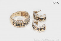 Ring, 585er Gelbgold, mit ca. 22 Punktdiamanten und ca. 38 Punktsaphiren, Größe 53, dazu das passende Paar Ohrringe, bei einem Ohrring fehlt das Befes...