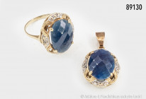 Konv. Goldschmuck, 585er Gelbgold, bestehen aus Anhänger mit dazu passendem Ring, Größe 51, mit blauen Steinen und insgesamt 4 Punktdiamanten, Gesamtg...