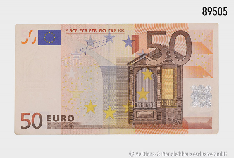 50 Euro-Banknote, 2002, S30131811448, Fehldruck, Silberstreifen mit "100 Euro" b...