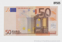 50 Euro-Banknote, 2002, S30131811448, Fehldruck, Silberstreifen mit "100 Euro" beschriftet, sehr selten, Zustand 2, etwas gebraucht, bitte besichtigen