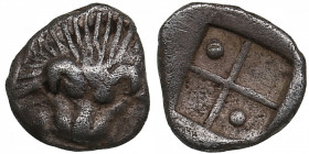 Bosporus Kingdom, Pantikapaion AR hemiobol (Circa 470-460 BC)
0.24g. 7mm. XF/XF Lion head facing / Quadripartite incuse square, pellet in two segments...