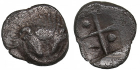 Bosporus Kingdom, Pantikapaion AR hemiobol circa 470-460 BC
0.34g. 7mm. XF/XF Lion head facing / Quadripartite incuse square, pellet in two segments.
