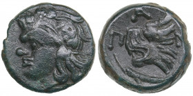 Bosporus Kingdom, Pantikapaion Æ tetrachalcon circa 294-283 BC Spartokos III
6.27g, 19.07mm. VF/VF+ Boardless head of Pan to left / The head of a lion...
