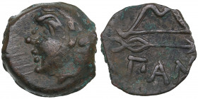 Bosporus Kingdom, Pantikapaion Æ obol ca. 275-245 BC
1.98g. 12mm. XF/VF Perisad II., 284-245 BC. Wreathed head of satyr left / Bow and arrow; ΠΑΝ belo...