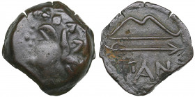 Bosporus Kingdom, Pantikapaion Æ obol ca. 275-245 BC
4.06g. 17mm. VF/VF Perisad II., 284-245 BC. Wreathed head of satyr left / Bow and arrow; ΠΑΝ belo...