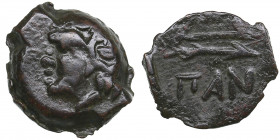 Bosporus Kingdom, Pantikapaion Æ obol ca. 275-245 BC
2.49g. 16mm. AU/AU Perisad II., 284-245 BC. Wreathed head of satyr left / Bow and arrow; ΠΑΝ belo...