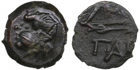 Bosporus Kingdom, Pantikapaion Æ obol ca. 275-245 BC
1.34g. 13mm. AU/AU Perisad II., 284-245 BC. Wreathed head of satyr left / Bow and arrow; ΠΑΝ belo...