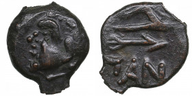 Bosporus Kingdom, Pantikapaion Æ obol ca. 275-245 BC
1.69g. 14mm. XF/XF Perisad II., 284-245 BC. Wreathed head of satyr left / Bow and arrow; ΠΑΝ belo...