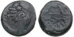 Bosporus Kingdom, Pantikapaion Æ obol ca. 275-245 BC - Perisad II
7.88g. 21mm. VF/VF Overstrike. Countermark. Wreathed head of satyr left / Bow and ar...