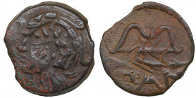 Bosporus Kingdom, Pantikapaion Æ obol ca. 275-245 BC - Perisad II
5.51g. 20mm. VF/VF Overstrike. Countermark. Wreathed head of satyr left / Bow and ar...