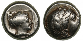 Lesbos, Mytilene 1/6 Stater - EL-Hekte c. 377-326 BC
2.53g. 10mm. VF/VF Laureate head of Apollo right. / Head of female right within linear square. HG...