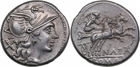Roman Republic AR Denarius - Pinaria. Pinarius Natta (149 BC)
3.63g. 19mm. AU/UNC Magnificent luminous specimen. BMC 844, Cal 1092, Craw 208/1, FFC 96...