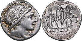 Roman Republic AR Denarius - Memmia. L. Memmius (109-108 BC)
3.95g. 19mm. XF-/VF+ Traces of mint luster. Male head to right, front * / Standing Dioscu...
