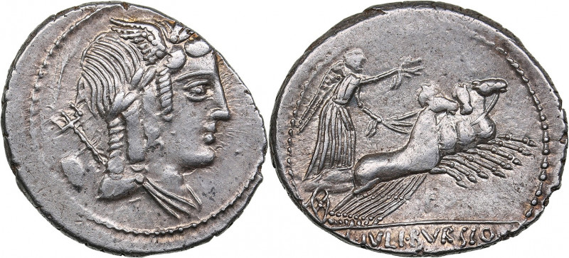 Roman Republic AR Denarius - Julia. L. Julius Bursio (85 BC)
3.75g. 22mm. AU/AU ...