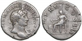 Roman Empire AR Denarius - Hadrian (117-138 AD)
3.47g. 18mm. VF/VF IMP TRAIAN HADRIANVS AVG/ P M TR P COS III.