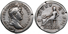 Roman Empire AR Denarius - Hadrian (117-138 AD)
2.82g. 18mm. VF/F IMP CAESAR TRAIAN HADRIANVS AVG/ P M TR P COS III - SAL AVG, Salus seated left.