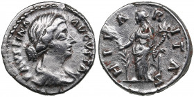 Roman Empire AR Denarius - Faustina II (wife of M. Aurelius) (161-175 AD)
3.35g. 19mm. VF/VF FAVSTINA AVGVSTA/ HILARITAS, Hilaritas standing on the le...