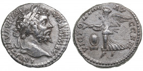 Roman Empire AR Denarius - Septimius Severus (193-211 AD)
3.08g. 18mm. VF/VF L SEPT SEV AVG IMP XI PART MAX/ VICTORIAE AVGG FEL, Victoria flying left.