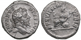 Roman Empire AR Denarius - Septimius Severus (193-211 AD)
3.42g. 19mm. VF/VF SEVERVS PIVS AVG/ RESTITVTOR VRBIS, Roma seated to left on shield, holdin...