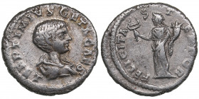 Roman Empire AR Denarius - Geta, as Caesar (198-209 AD)
3.40g. 18mm. VF/VF L SEPTIMIVS GETA CAES/ FELICITA-S-TEMPOR, Felicitas standing facing.