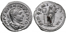 Roman Empire AR Denarius - Elagabalus (219-220 AD)
2.83g. 19mm. XF/VF IMP ANTONINVS AVG/ FIDES MILITVM, Fides.
