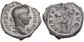 Roman Empire AR Denarius - Severus Alexander (232-235 AD)
2.77g. 19mm. VF/VF IMP SEV ALEXAND AVG/ VIRTVS AVG, Emperor standing left.
