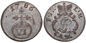 Germany, Schwarzburg-Rudolstadt 6 Pfennig 1786
1.17g. VF/VF