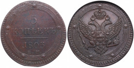 Russia 5 kopecks 1803 EM - NGC MS 62 BN
Beautiful glossy brown color toning specimen. Rare state of preservation. Bitkin 284.