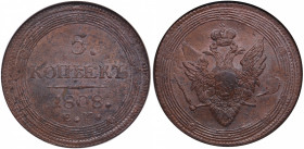 Russia 5 kopecks 1808 EM - NGC MS 63 BN
TOP POP. The highest graded piece at NGC. Only example awarded this grade by NGC. An outstanding lustrous spec...